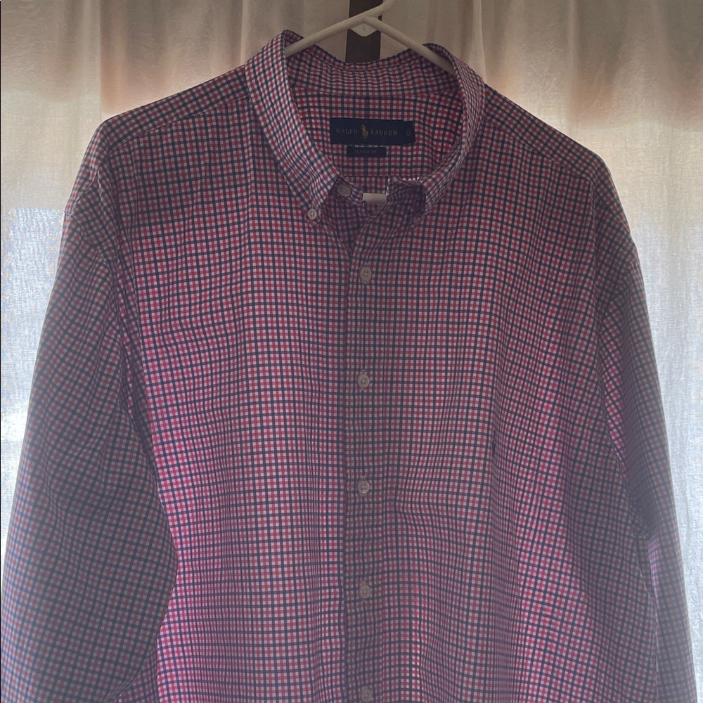Ralph Lauren Men's Button-Up Dress Shirt in Red and Blue Check